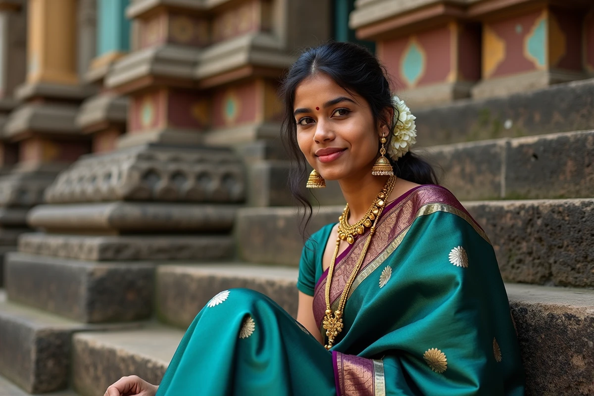 Femme tamoule en sari en soie de Kanchipuram assise sur les marches d'un temple dravidien sculpté
