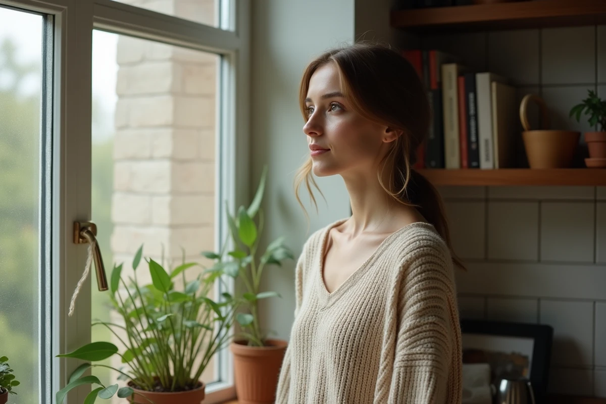 Femme sans maquillage regardant par la fenetre de la maison