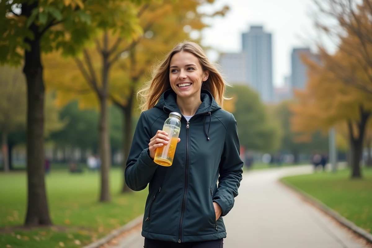 Jeune femme marche dans un parc urbain avec bouteille d