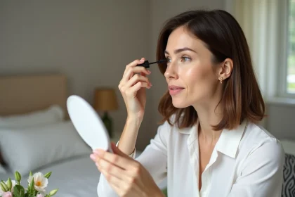 Femme appliquant du mascara dans un miroir dans une chambre lumineuse