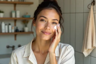 Femme appliquant une creme teintée sur le visage dans une salle de bain