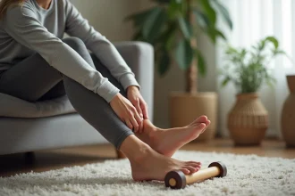 Femme assise se massant les pieds dans un salon cosy