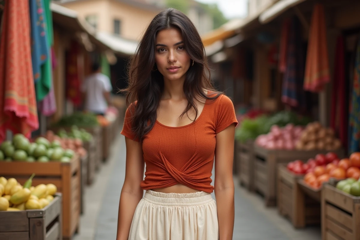 Jeune femme aux origines métissées latina et moyen-orientale dans un marché coloré en plein air, tenue bohème élégante et expression naturelle