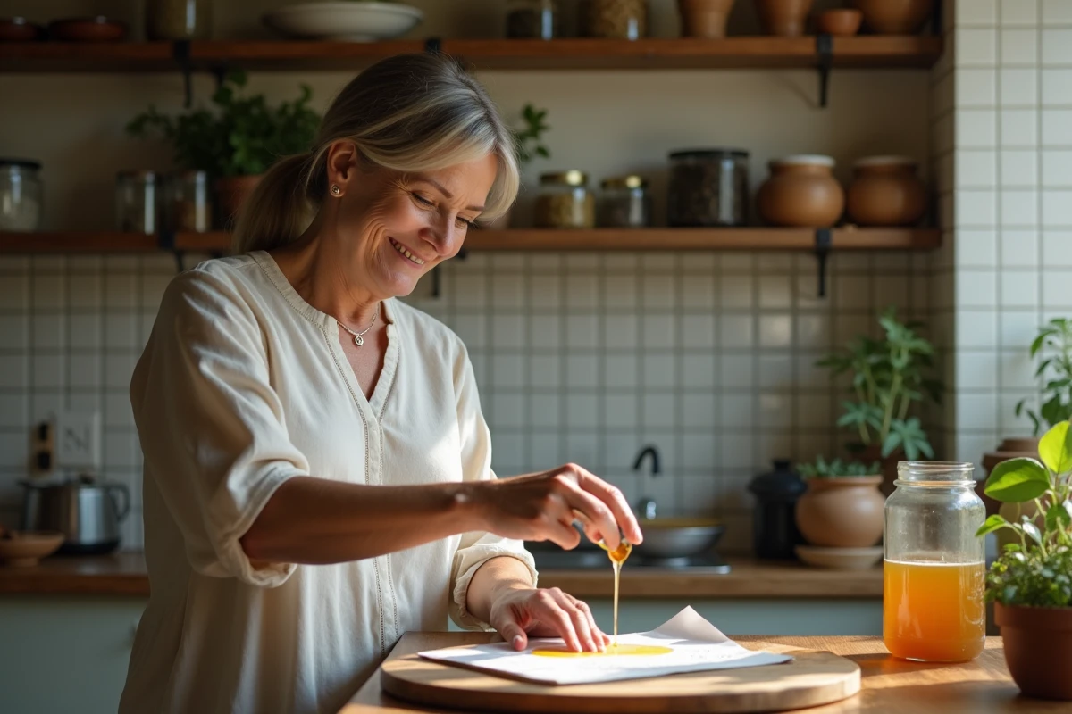 Femme versant du miel sur une lettre dans la cuisine