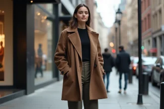Femme élégante en manteau wool et pantalon large dans la ville