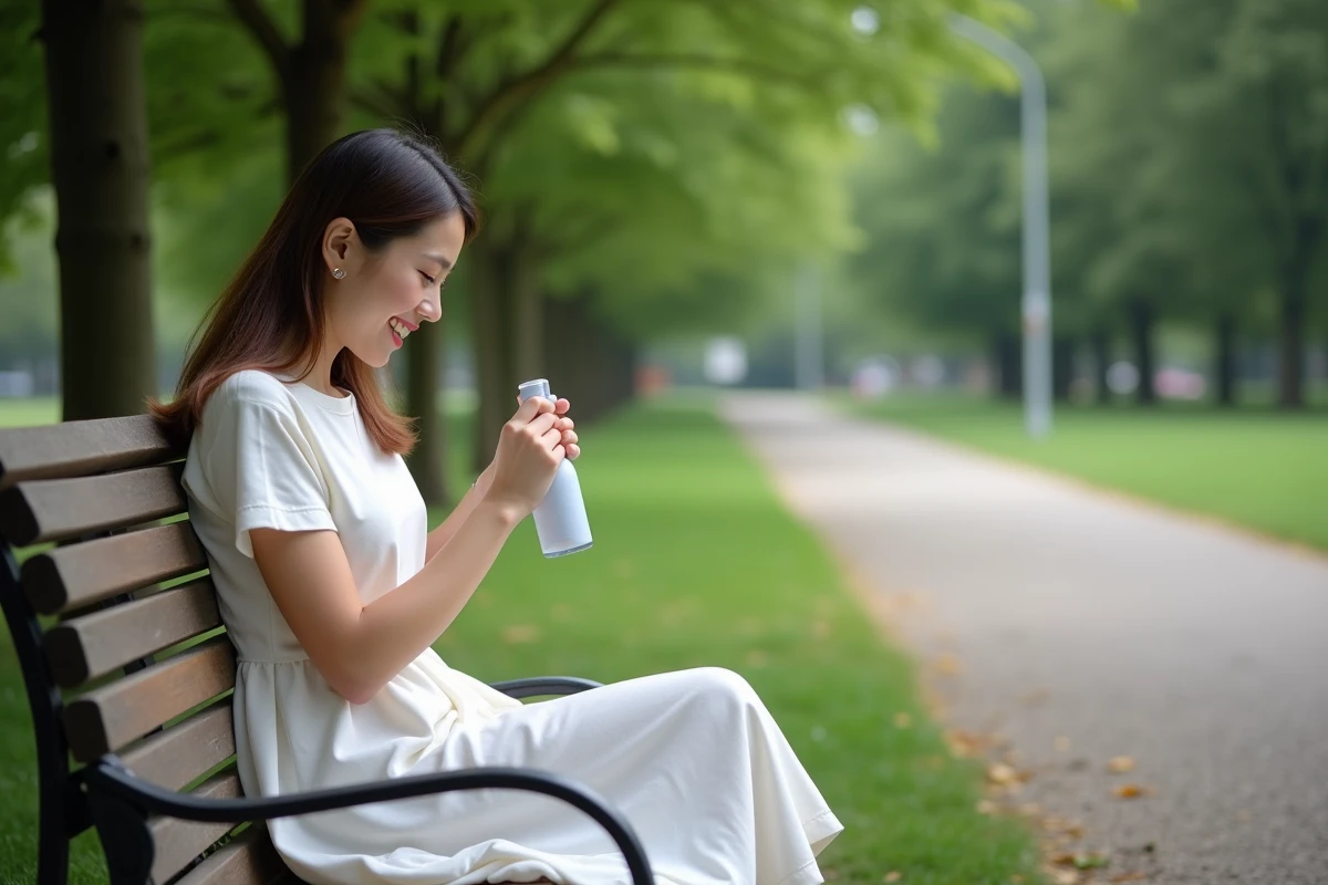 Jeune femme assise dans un parc utilisant un spray