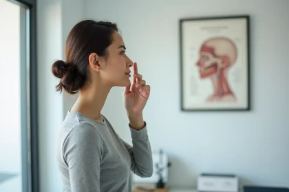 Femme de profil dans un cabinet médical touchant son nez grec lors d'une consultation esthétique