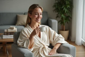 Femme détendue buvant un thé dans un salon cosy