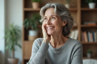 Femme de 50 ans souriante dans un salon moderne
