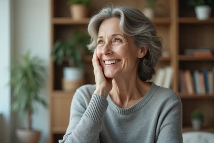 Femme de 50 ans souriante dans un salon moderne