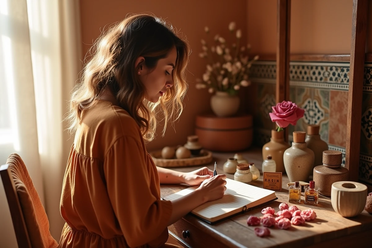 Femme construisant sa signature olfactive avec des flacons de parfum sur une table en bois style marocain