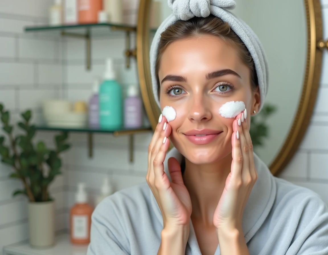 Femme appliquant une crème hydratante devant un miroir de coiffeuse dans un studio beauté parisien