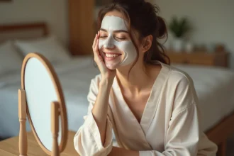 Femme en détente appliquant un masque visage dans une chambre cosy
