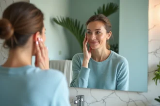 Femme de 50 ans se regardant dans le miroir en soin visage