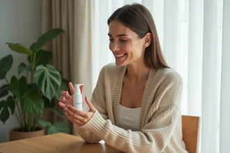 Femme examinant un produit de soin visage dans un intérieur minimaliste