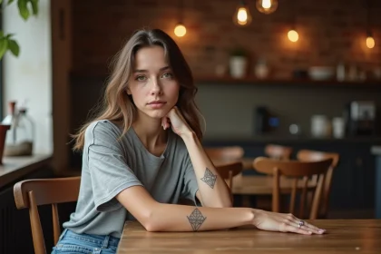 Jeune femme avec tatouage triangle au café