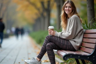 Femme assise sur un banc de parc urbain avec café
