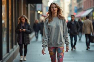 Femme dans la rue portant leggings colorés et sweat oversize