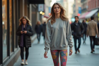Femme dans la rue portant leggings colorés et sweat oversize