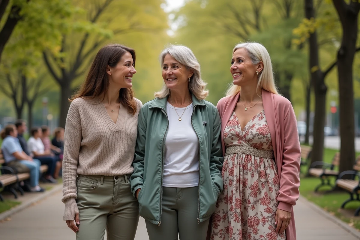 Trois femmes de différents âges dans un parc urbain ensoleillé