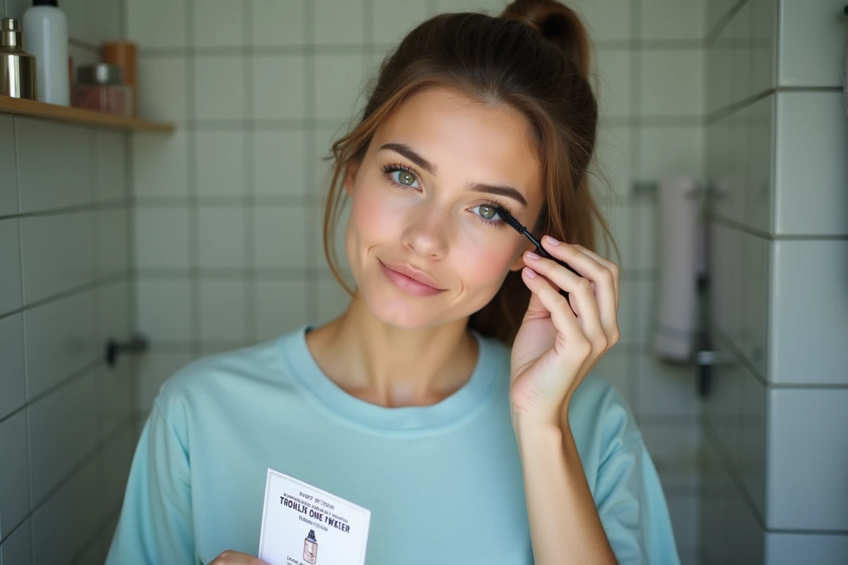 Jeune femme maquillant ses cils avec un bâton de mascara dans une salle de bain