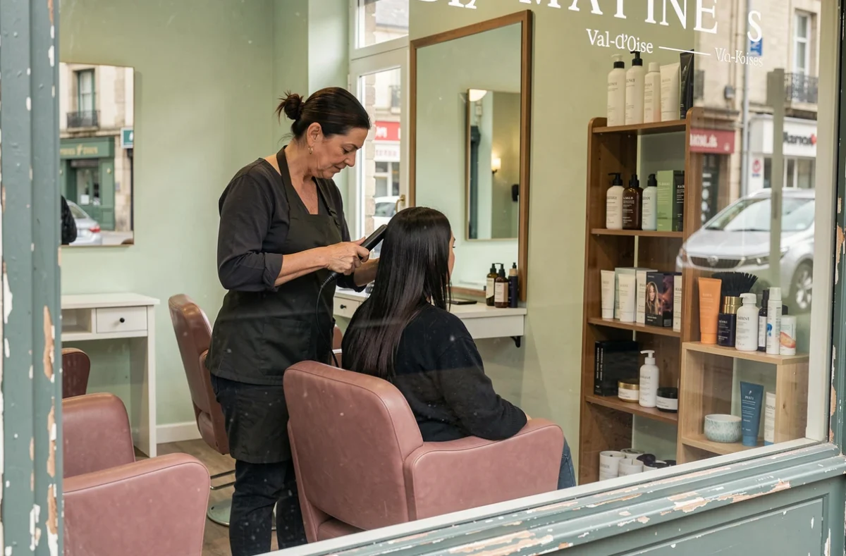 Intérieur vintage et chaleureux du salon Flash Coiffure à Marines dans le Val-d'Oise