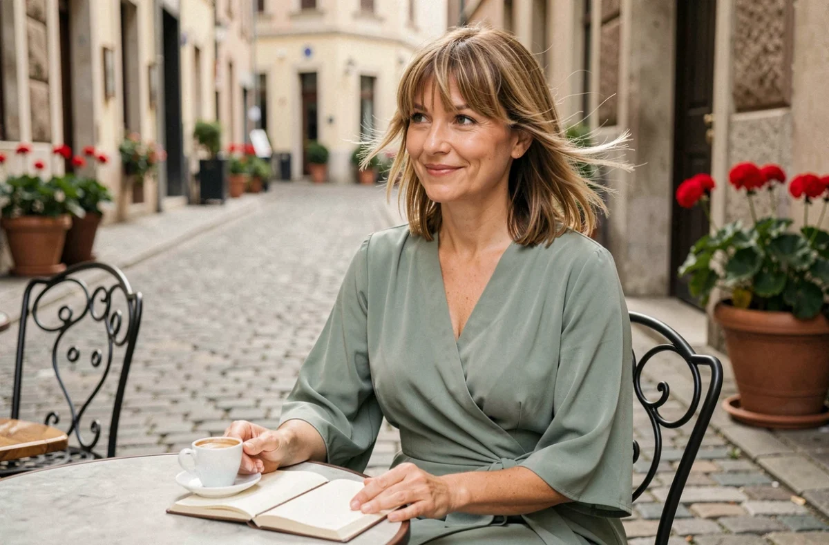 Femme quadragénaire avec visage rond et frange effilée légère assise en terrasse de café parisien avec une tasse d'espresso et un carnet ouvert
