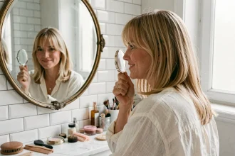 Femme aux joues rondes arborant une frange rideau douce dans une salle de bain parisienne, se regardant dans un miroir avec satisfaction