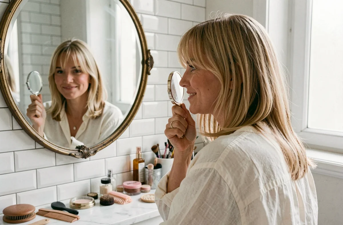 Femme aux joues rondes arborant une frange rideau douce dans une salle de bain parisienne, se regardant dans un miroir avec satisfaction