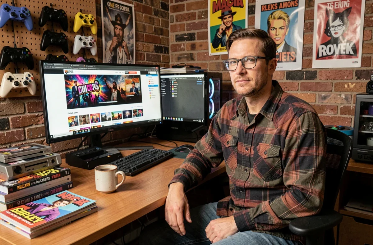 Homme geek avec lunettes dans un bureau vintage entouré de consoles rétro et de comics en train de lire un blog de culture pop sur double écran