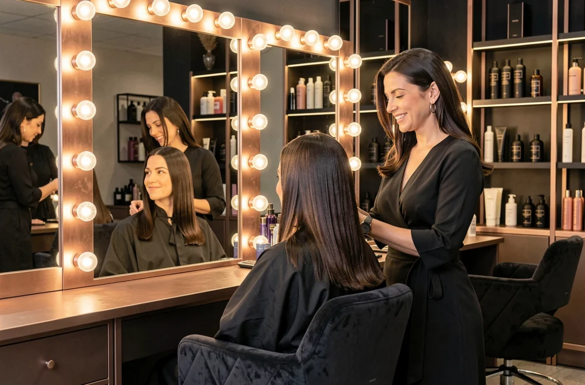 Cliente présentant son brushing parfait dans le salon Glamour Coiffure à Eaubonne