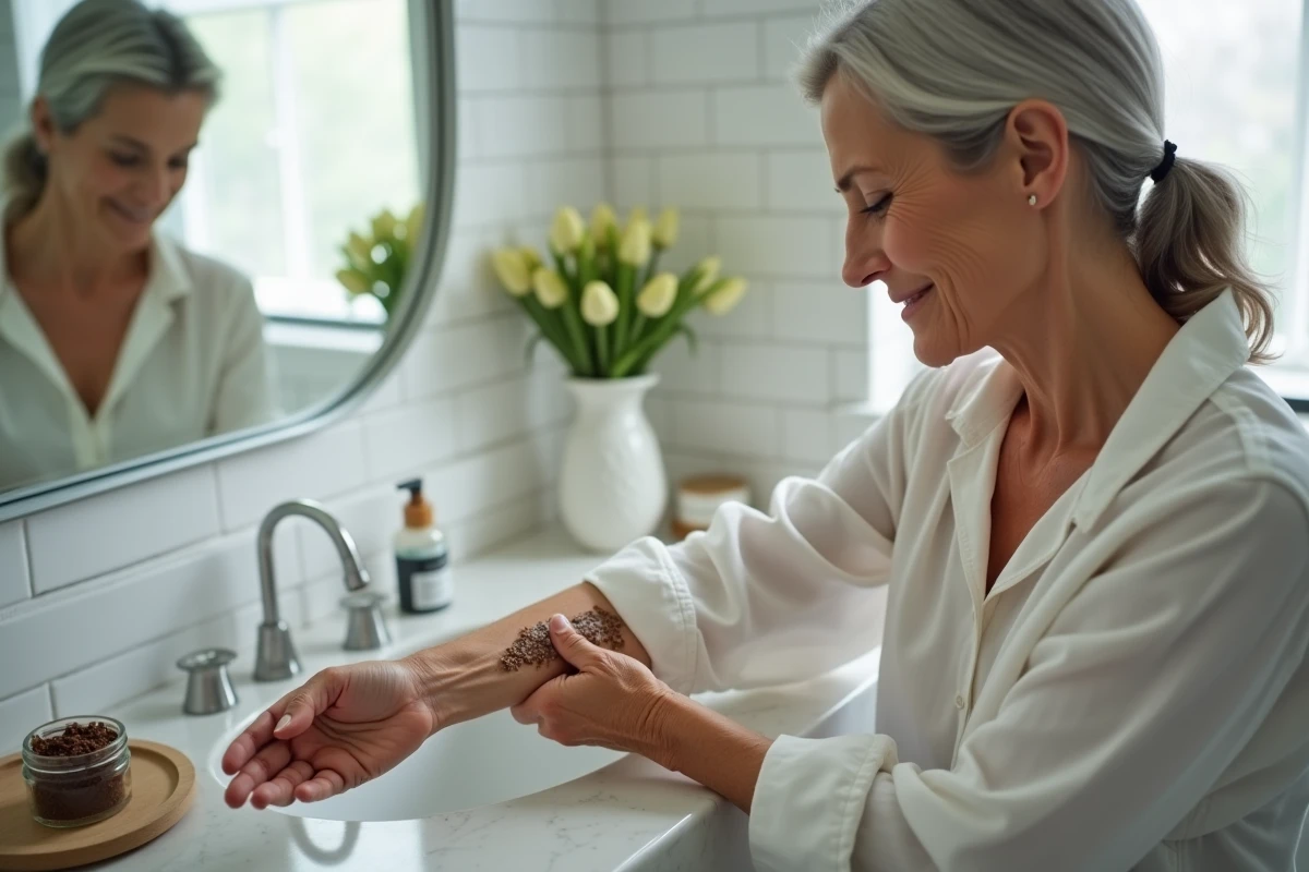 Femme mature appliquant un gommage naturel maison au café et huile de coco pour raffermir la peau du corps