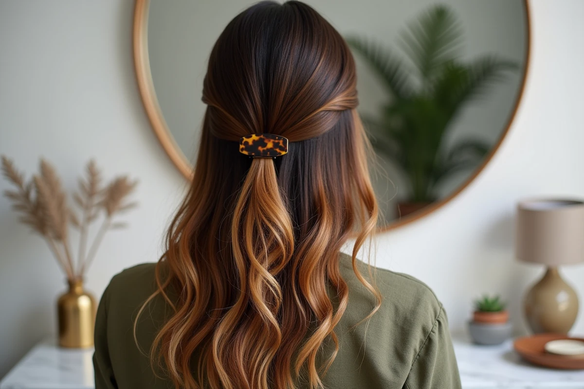 Gros plan sur un balayage caramel miel sur cheveux châtains avec jeu de reflets dorés