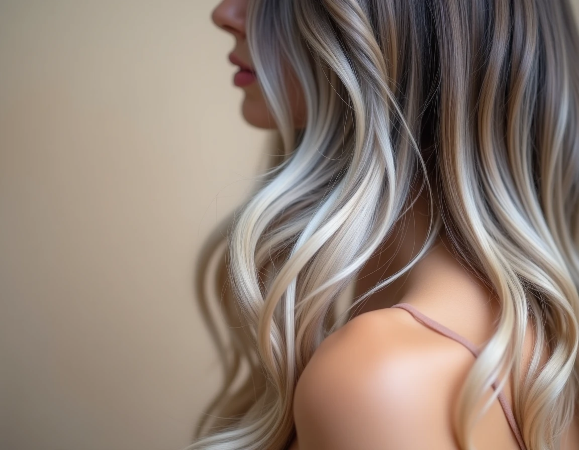 Gros plan sur un balayage réussi masquant la repousse gris blanc avec une transition naturelle racines pointes