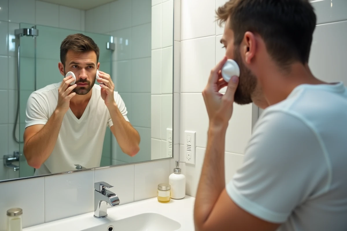 Homme appliquant du citron sur son visage dans la salle de bain