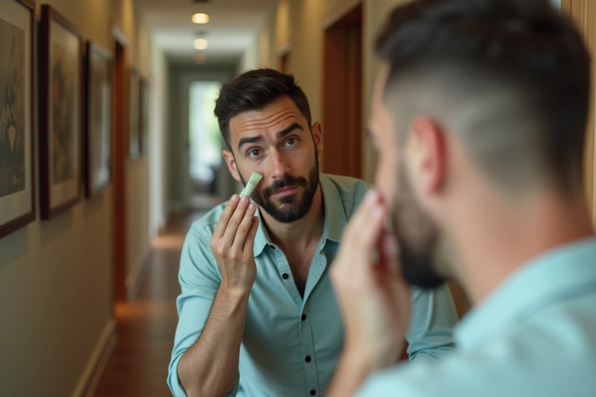 Homme appliquant un primer vert dans un miroir de couloir moderne