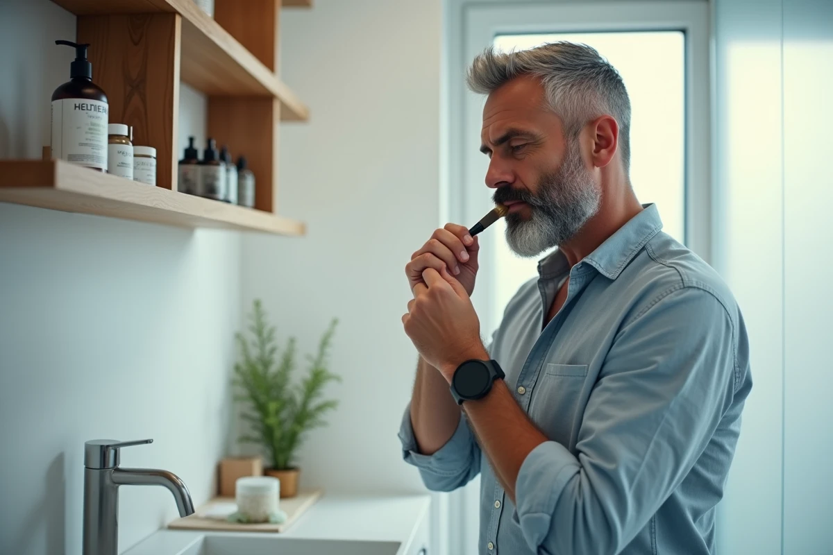 Homme aux tempes grises appliquant de la teinture sur sa barbe dans une salle de bain minimaliste contemporaine