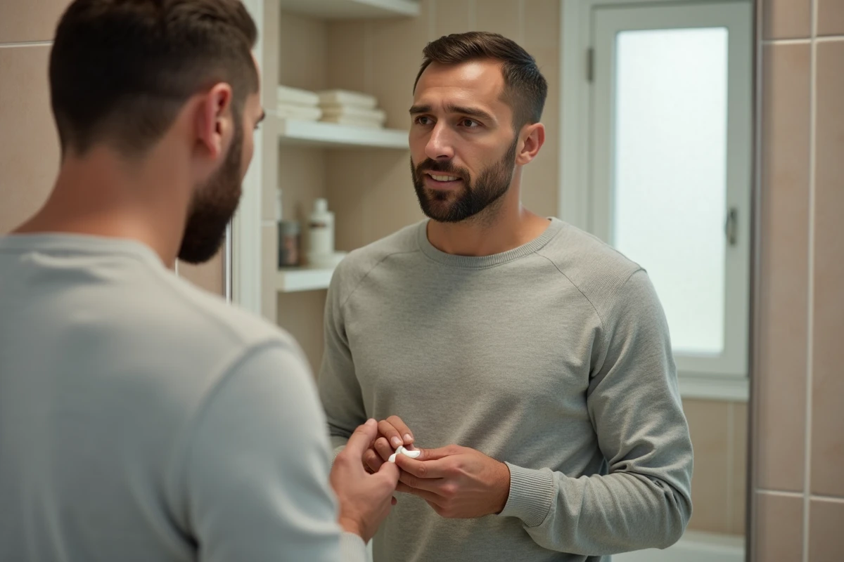 Homme appliquant crème sur cicatrice dans sa salle de bain
