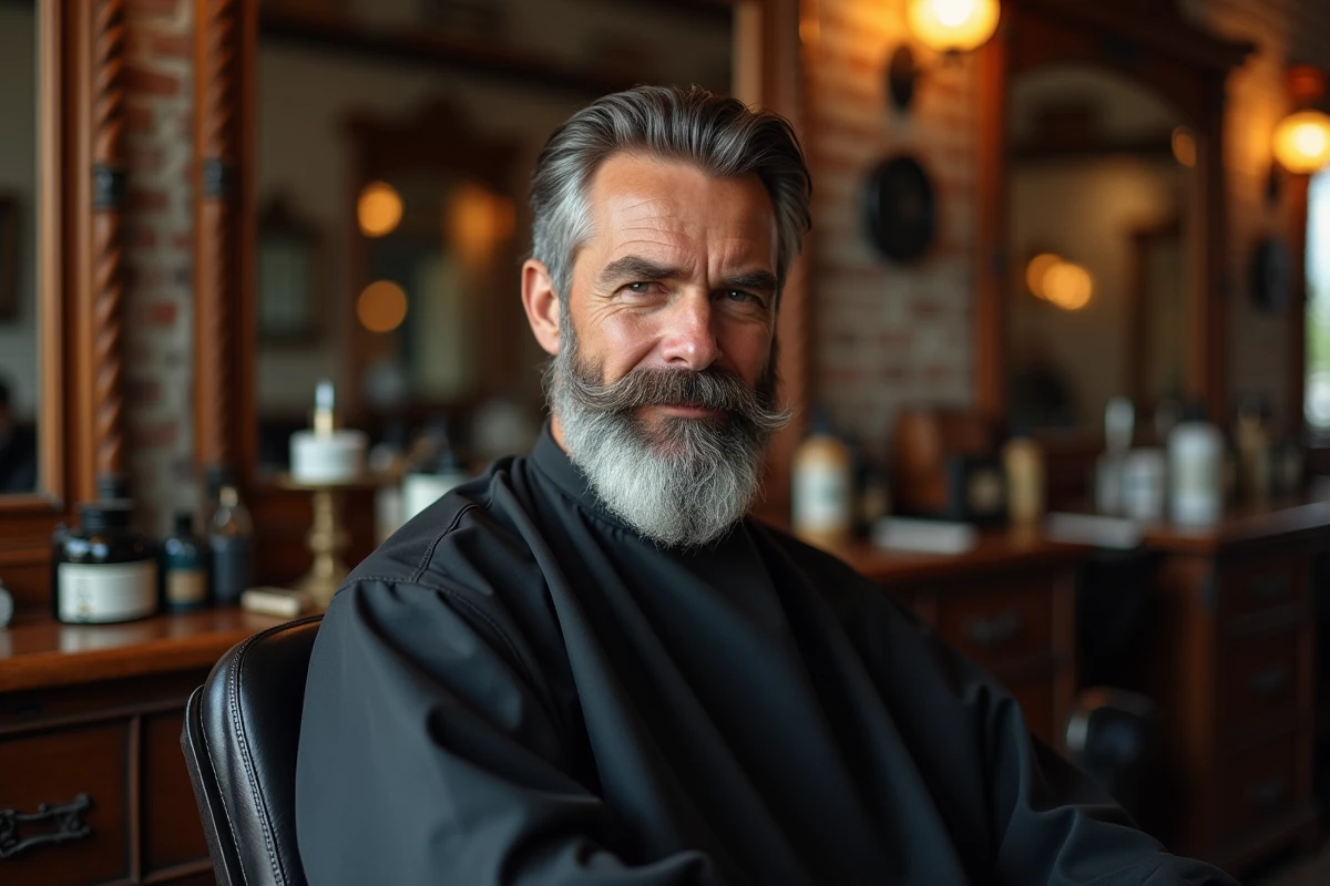 Homme de 50 ans avec barbe grise et cheveux teints en brun foncé assis dans un fauteuil de barbier traditionnel