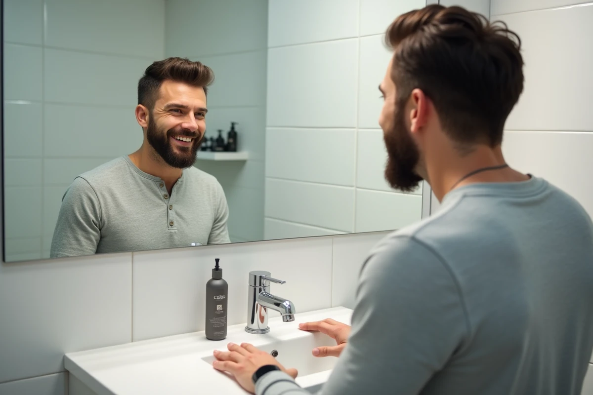 Homme inspectant sa barbe soignée dans un miroir de salle de bain après utilisation des nouveaux produits Maxbarber 2026