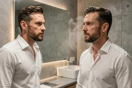 Homme aux cheveux courts inspectant son bouc taillé avec précision devant un miroir de salle de bain moderne, ambiance grooming masculin stylé