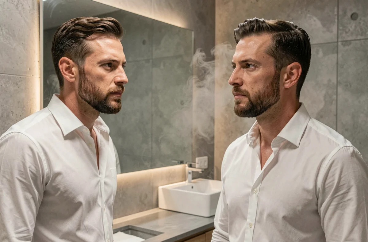 Homme aux cheveux courts inspectant son bouc taillé avec précision devant un miroir de salle de bain moderne, ambiance grooming masculin stylé