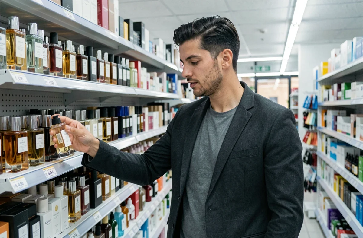 Jeune homme élégant choisissant un parfum dupe en rayon dans une parfumerie ou pharmacie