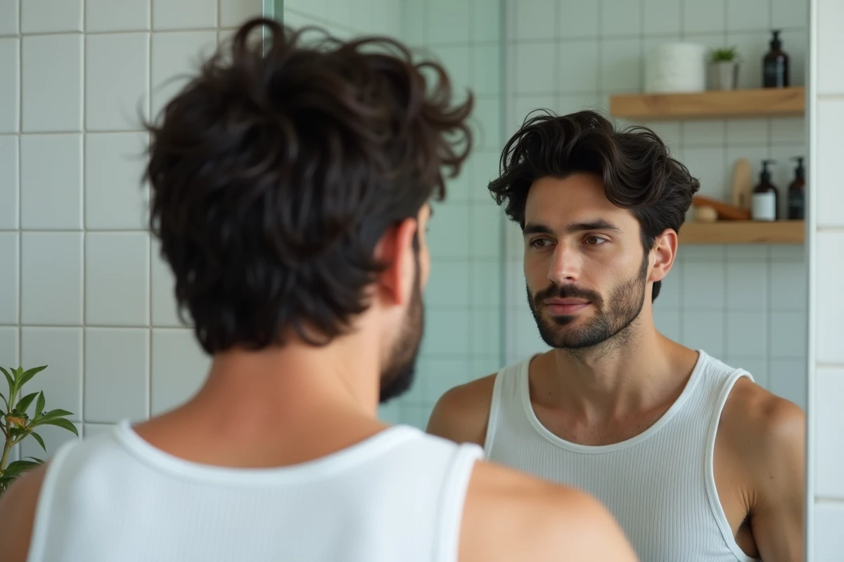 Homme observant sa coiffure en transition mi-longue dans un miroir de salle de bain avec produits coiffants