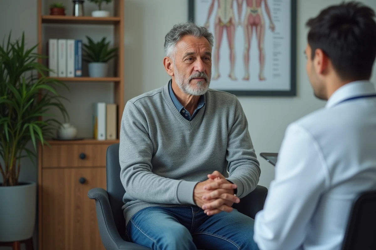 Homme en discussion avec un professionnel de santé dans un cabinet