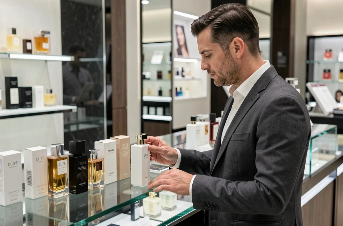 Homme en costume gris inspectant des alternatives de parfums dupe face à un comptoir de parfumerie de luxe