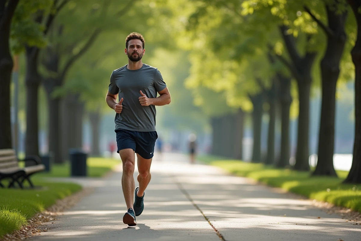 Homme en course dans un parc urbain au matin avec arbres verts