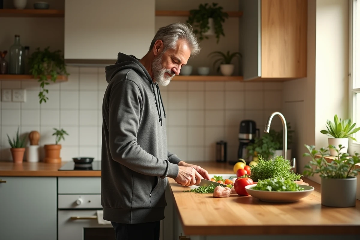 Homme en leggings et hoodie coupant des légumes en cuisine