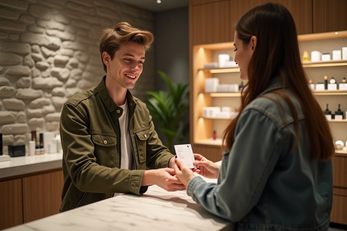 Jeune homme recevant des echantillons de parfum en magasin