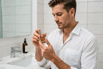 Homme élégant tenant un flacon de parfum minimaliste dans une salle de bain moderne en marbre blanc
